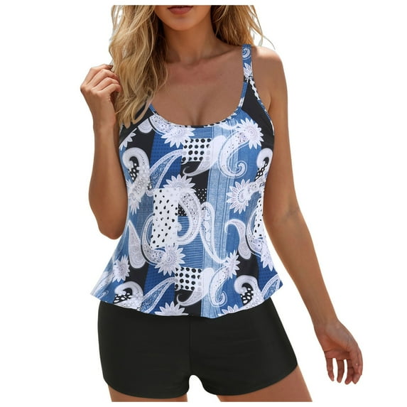 BOBOGOJP Womens Tankini Swimsuits with Skirt - Two Piece Tummy Control Bathing Suits High Neck Swimwear L for Size Blue