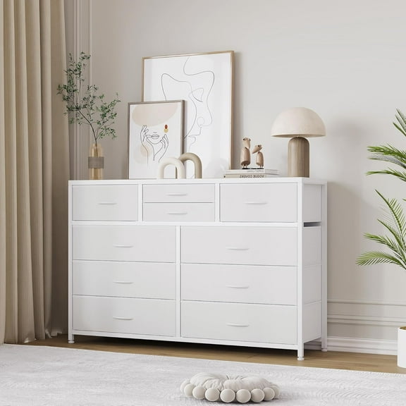 BOBOKY 10 Drawers Fabric Dressers for Bedroom,Modern Chest of Drawers,Lightweight Entertainment Center with Fabric Bins for Living Room,Hallway,45" Wide TV Stand Dressers,Wood Top,Steel Frame,White_1