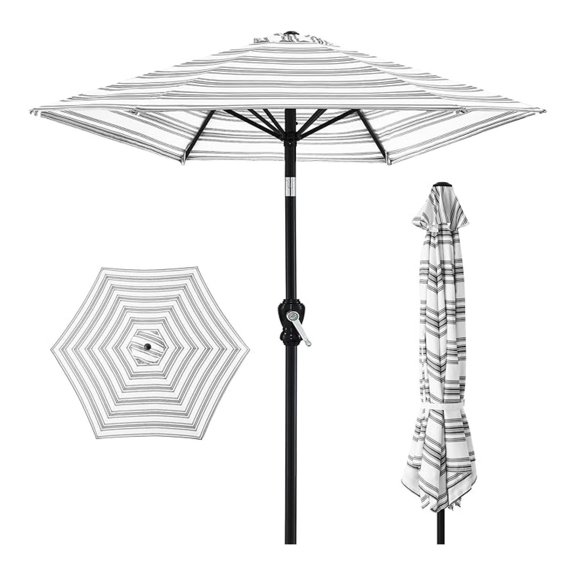 BOBOKY 10ft Outdoor Steel Polyester Market Patio Umbrella w/Crank, Easy Push Button, Tilt, Table Compatible - Striped Gray