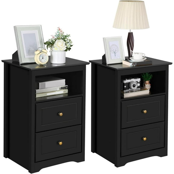 BOBOKY 2-Drawer Nightstand Wooden Bedside Table with Cubby Tall Small Space Saving Cabinet for Bedroom Living Room Telephone Table.Black,2 Pieces