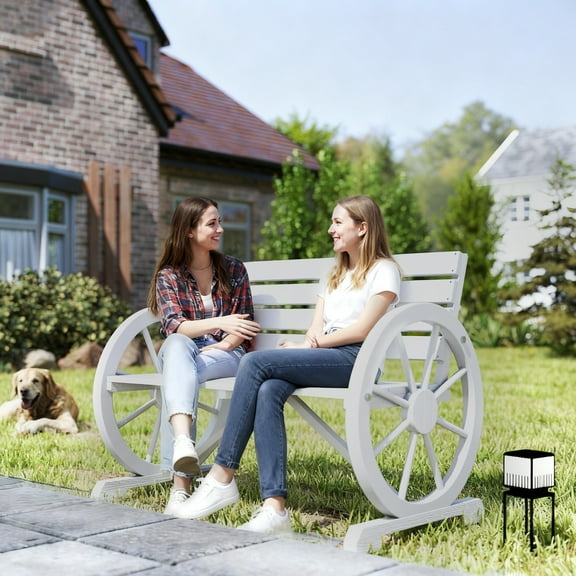 BOBOKY 2-Person Wagon Wheel Bench Rustic Style Wooden Garden Bench with Slatted Seat for Patio Yard Outdoor.Charcoal Grey