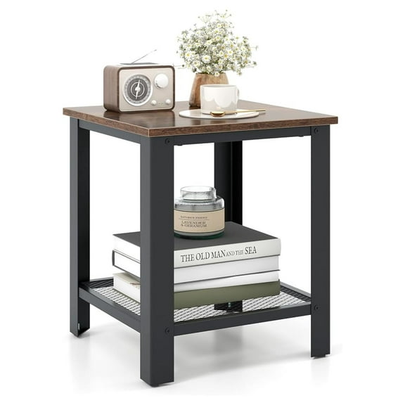 BOBOKY 2-Tier End Table, 16 Inch Small Side Table w/Mesh Storage Shelf, Industrial Telephone Table with Heavy-Duty Metal Frame, Square Sofa Table for Small Space Living Room, Rustic Brown
