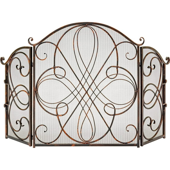BOBOKY 3 - Panel 55 x 33 x 0.5 in Solid Wrought Iron See-Through Metal Fireplace Screen, Spark Guard Safety Protector w/Decorative Scroll,Copper