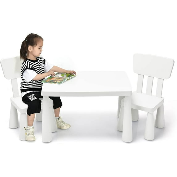 BOBOKY 3-Piece Kids Table and Chairs Set, Lightweight Plastic Children Activity Center for Reading, Writing, Painting, Snack Time, Kids Furniture Art Study Desk & Chairs Set for Ages 1-7,White