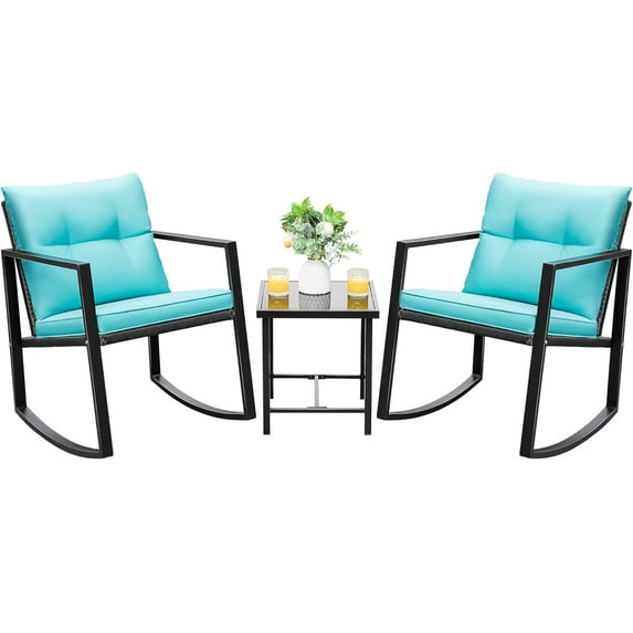 BOBOKY 3 Piece Rocking Bistro Set Wicker Patio Outdoor Furniture Porch Chairs Conversation Sets with Glass Coffee Table, 29 x 26 x 10 inches,Blue