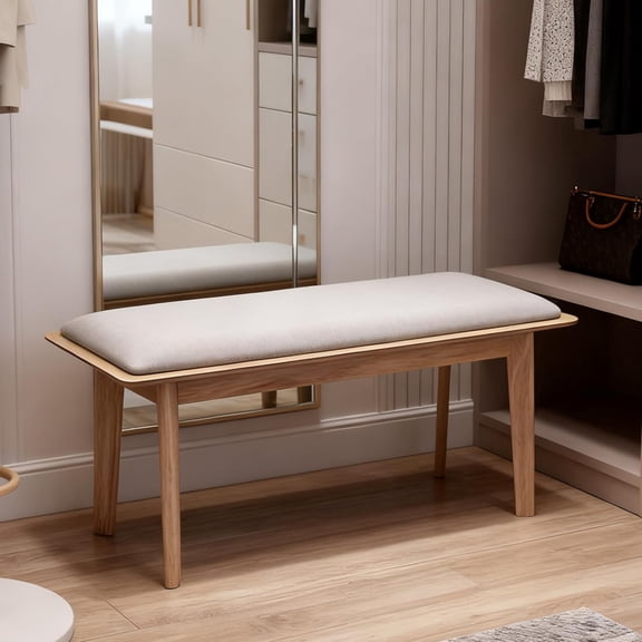 BOBOKY 35 Inch Entryway Bench, Upholstered Small Dining Bench for Entrance Hallway, Rustic Window Seat with Solid Wood Legs, Multi Use Bench for Living Room Dining Room, 35" Chenille, Beige