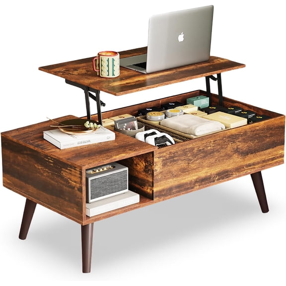 BOBOKY 39" Coffee Table for Living Room, Lift Top Coffee Table with Storage, Small Rising Wooden Dining Center Table with Storage Shelf & Hidden Compartment,Rustic Brown