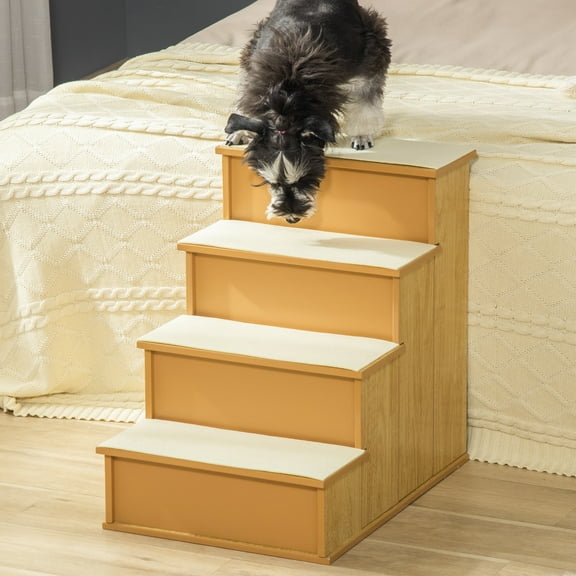 BOBOKY 4 Step Wooden Pet Stairs with Soft Short Plush Cushion Pet Steps for Small Medium Dogs Cats.Natural Wood