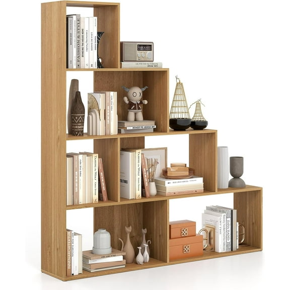 BOBOKY 4-Tier Stepped Bookshelf, Freestanding 6 Cubes Ladder Bookcase with Anti-Tipping Kits, 64" Tall Modern Wooden Storage Display Rack for Home Office Living Room Study, 1 PCS,Natural