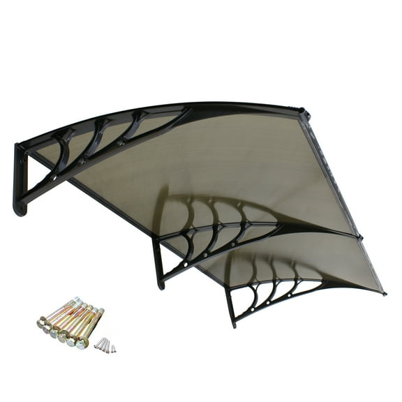BOBOKY 40x80 Inch Outdoor Window Awning, Polycarbonate Patio Cover for Front Door, Waterproof Door Canopy with Metal Frame,Black Strip,Brown Clear Sheet