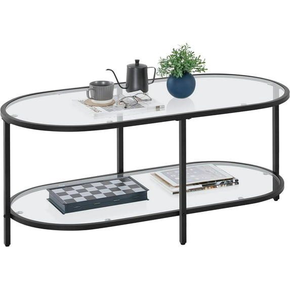 BOBOKY 42" Oval Glass Coffee Table for Living Room, 2 - Tier Center Table with Storage Shelf for Small Space, Office, 19.69"D x 41.73"W x 17.32"H, Black
