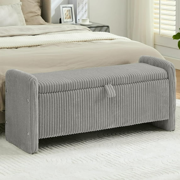 BOBOKY 44 Inch Corduroy Storage Ottoman Bench, Upholstered End of Bed Bench with Safety Hinge, Linear Storage Bench for Bedroom Living Room Entryway, Modern Footrest Seat,Grey