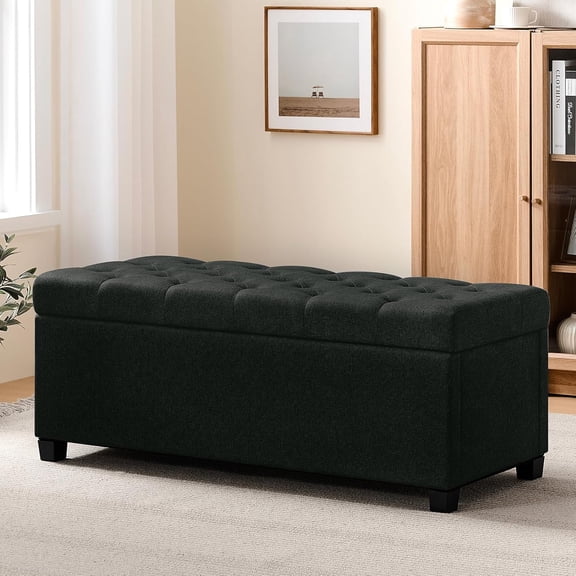 BOBOKY 47.2" Ottoman with Storage, Tufted Upholstered Storage Bench with Safety Hinge, End of Bed Bench for Bedroom Living Room, Entryway Window Seat, Removable.Blacklinen-upgraded Version