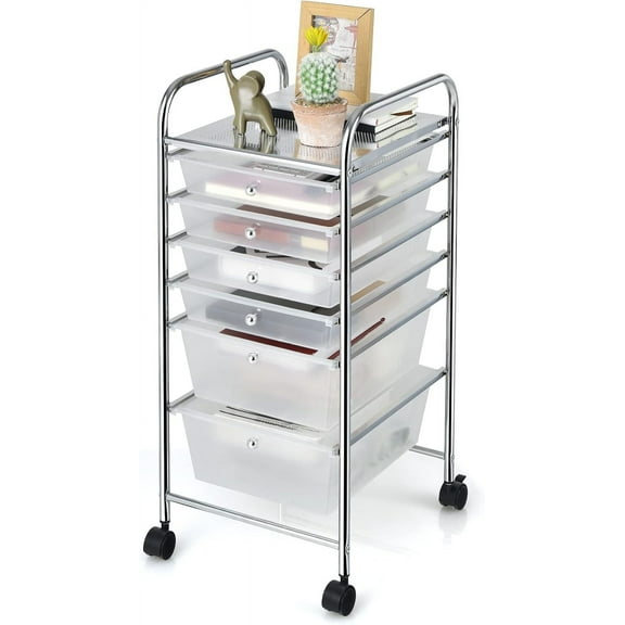 BOBOKY 6 Storage Drawer Cart Rolling Organizer Cart for Tools Scrapbook Paper Home Office School Multipurpose Mobile Utility Cart (Clear White)