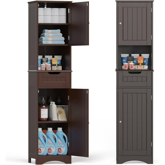 BOBOKY 67" H Tall Bathroom Cabinet, Storage Cabinet with 2 Doors & Drawer, Narrow Linen Tower Freestanding Adjustable Shelves for Home, Kitchen, Versatile, Anti-Tipping,Dark Brown