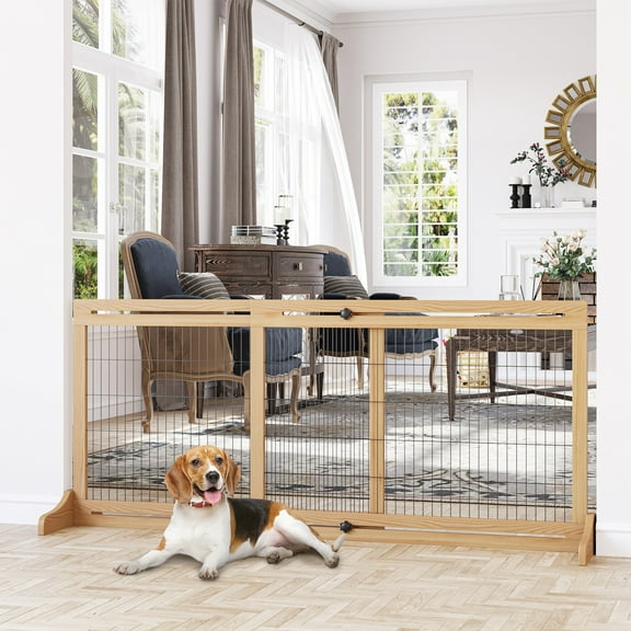 BOBOKY 72 Inch Extra Wide Pet Gate, Freestanding Adjustable Dog Barrier with Extension Kit, Pressure-Mounted Walk Through for Large Areas, Stairs, Doorways.Natural