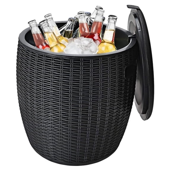 BOBOKY 9.5 Gallon Ice Cooler, Wicker Round Ice Chest, Outdoor Beer Wine Ice Bucket, Top Lid Side Handles Drainage Plug, Weather-resistant Patio Cool Bar Table for Cocktail Party Poolside Deck