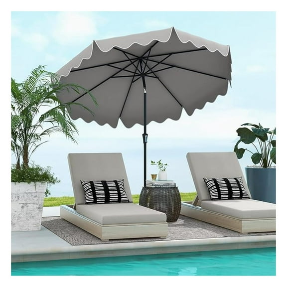 BOBOKY 9Ft Patio Umbrella with Crank, 2-Tier Outdoor Umbrella with Push Button Tilt, Sun-Protective Canopy, 8 Ribs, Scalloped Patio Umbrella for Outdoor Beach Deck Pool Table (Gray)