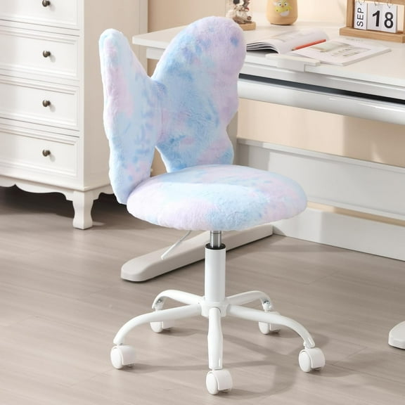 BOBOKY Adjustable Kids Butterfly Chair, Plush Faux Fur Swivel Chair with Wheels, Ergonomic Childrens Desk Chair for Study Reading Playroom, Girls Boys Bedroom Seat,Dreamy Blue