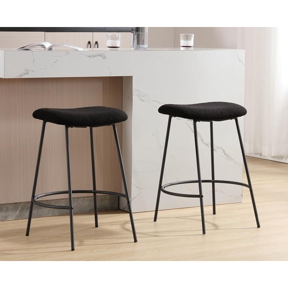 BOBOKY Bar Stools , Modern Kitchen Counter Height Stools, Padded Seat with Lamb Wool Upholstery, Semi-Circular Footrest and Backrest for Kitchen Island Dining, Mid Century Design.Fur/ Black,2
