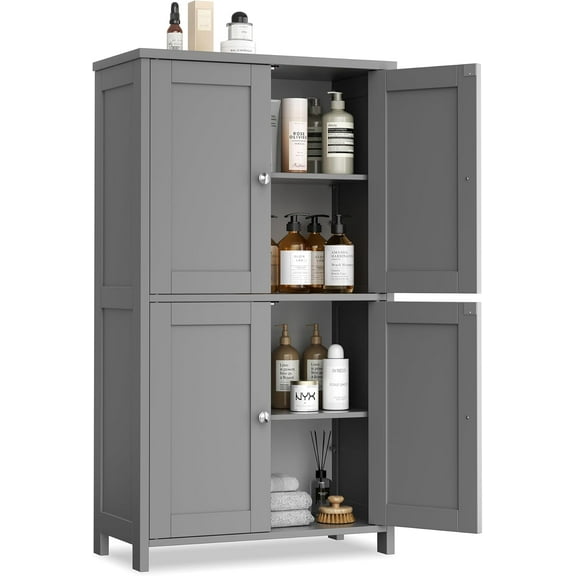 BOBOKY Bathroom Floor Storage Cabinet, Modern Storage Unit with 4 Doors and Adjustable Shelves, Freestanding Sideboard Cabinet for Bathroom, Kitchen, Living Room,Grey