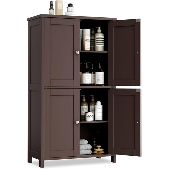BOBOKY Bathroom Floor Storage Cabinet, Modern Storage Unit with 4 Doors and Adjustable Shelves, Freestanding Sideboard Cabinet for Bathroom, Kitchen, Living Room,Reddish Brown