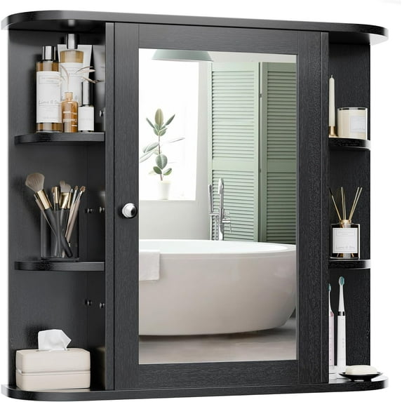 BOBOKY Bathroom Medicine Cabinet, Bathroom Mirror Cabinet Wall Mounted with 6 Side Open Shelves, Wall Cabinet with Mirror,Black