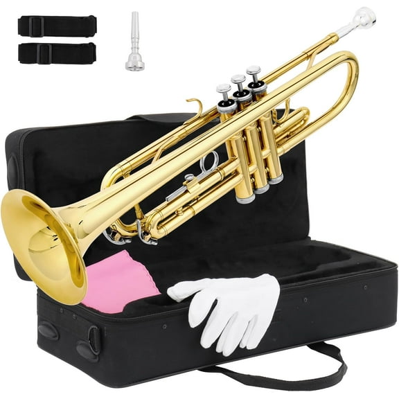BOBOKY Bb Standard Trumpet for Beginners Students Brass Instrument with Hard Case 7C Mouthpiece Cleaning Cloves Full Starter Kit for Kids Adults.Gold
