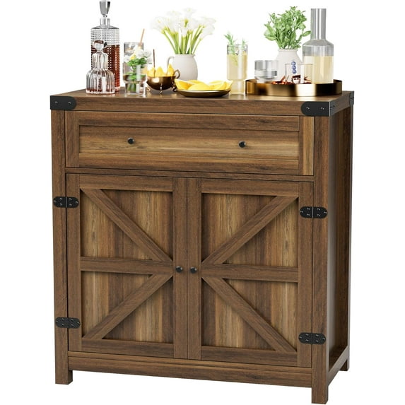 BOBOKY Coffee Bar Cabinet Farmhouse Kitchen Sideboard Buffet Cabinet with Drawer and Adjustable Shelf Barn Door Storage for Kitchen, Dining Room, Bathroom, Entryway,Brown