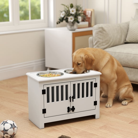 BOBOKY Dog Food Storage Cabinet with 2 Stainless Steel Bowls, All-in-One Pet Feeding Station & Food Container Organizer for Kitchen Pantry.White