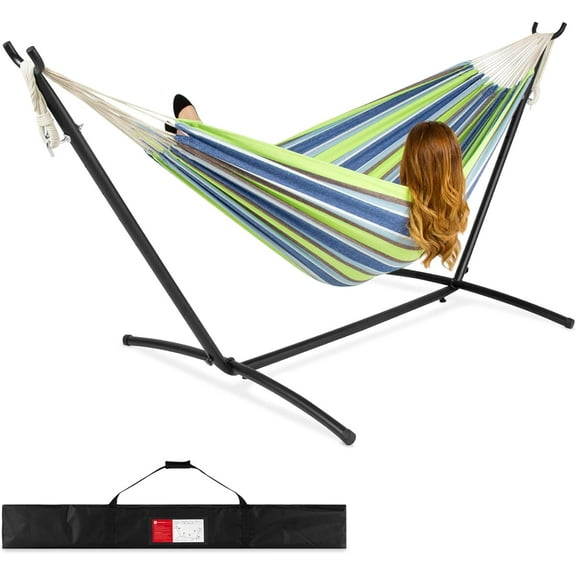 BOBOKY  Double Hammock with Steel Stand, Indoor Outdoor Brazilian-Style Cotton Bed With  Carrying Bag, 2 - Person Capacity,  118.75"L x 48"W,Blue Green Stripe