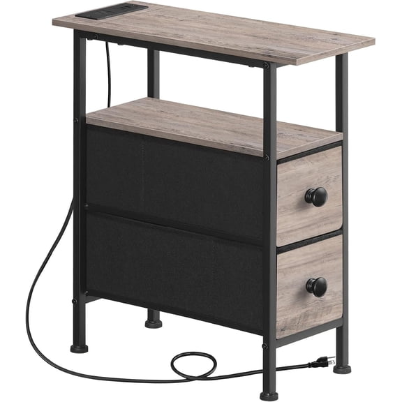 BOBOKY End Table with Charging Station, Narrow Nightstand with 2 Fabric Drawers, Small Side Table for Bedroom, Sofa Couch, Space Saving Bedside Table.Gray