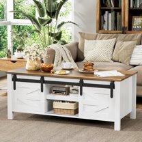 BOBOKY Farmhouse Coffee Table with Storage & Sliding Barn Doors, Modern Rustic Living Room Table with Adjustable Shelves, Wooden Rustic Center Table for Living Room (Antique White)