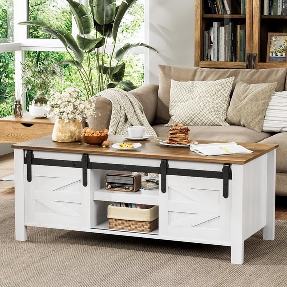 BOBOKY Farmhouse Coffee Table with Storage & Sliding Barn Doors, Modern Rustic Living Room Table with Adjustable Shelves, Wooden Rustic Center Table for Living Room (Antique White)
