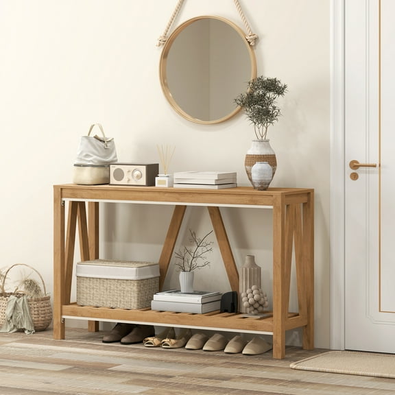 BOBOKY Farmhouse Console Table with Storage Shelf and Anti Tipper for Entryway Hallway Living Room.Brown