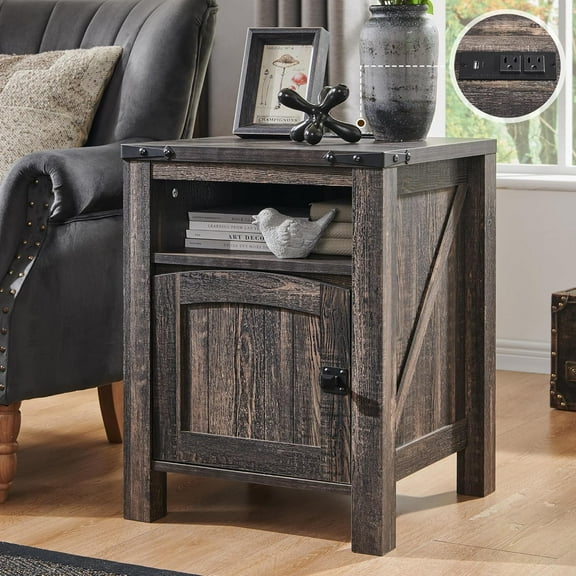 BOBOKY Farmhouse Nightstand with Charging Station, 18" Rustic End Table with Adjustable Storage Shelf, Wood Rustic Wood Sofa Side Table for Bedroom,Dark Rustic Oak