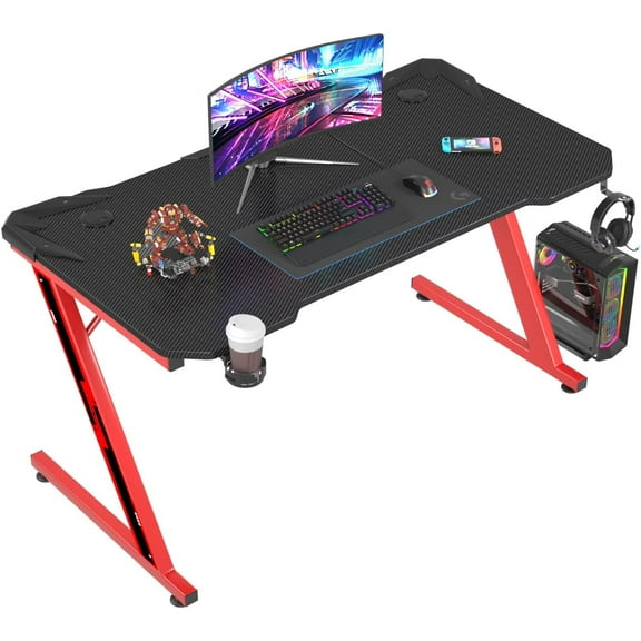 BOBOKY Gaming Desk, Computer Desk with Carbon Fiber Surface, Gaming Table Z Shaped PC Gaming Workstation Home Office Desks with Cup Holder and Headphone Hook, 44 inch,Red