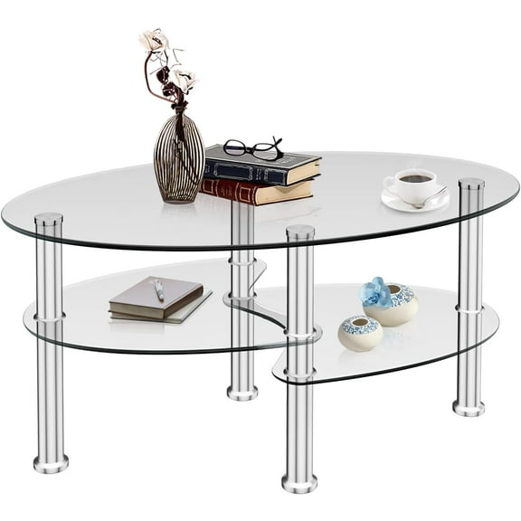 BOBOKY Glass Coffee Table, 3-Tier Sofa Side Table with Metal Tube Legs and Open Shelves, Modern Oval Coffee End Table for Living Room Office, Transparent