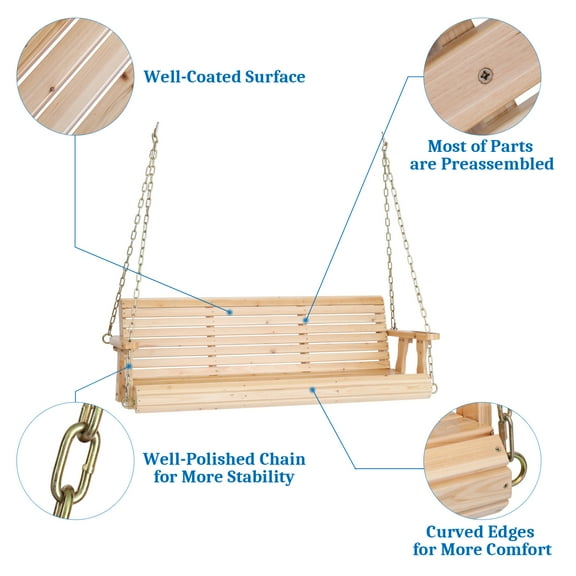 BOBOKY Heavy Duty 880 LB Capacity 5 Foot Patio Porch Swing with Hanging Chains Outdoor Wooden Bench for Garden Yard Backyard.Natural