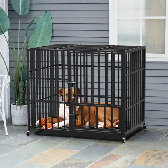 BOBOKY Heavy Duty Indestructible Dog Crate Cage for Large Medium High Anxiety Dogs, Escape Proof Metal Kennel with Double Door, Tray & Divider Panel. Large/38inch