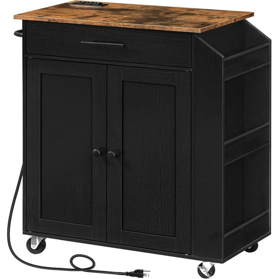 BOBOKY Kitchen Island with Power Outlet, 5-Shelf Storage Cart with Butcher Block Top, Rolling Mobile Kitchen Cart with Drawer & Towel Rack, for Small Space.Brown