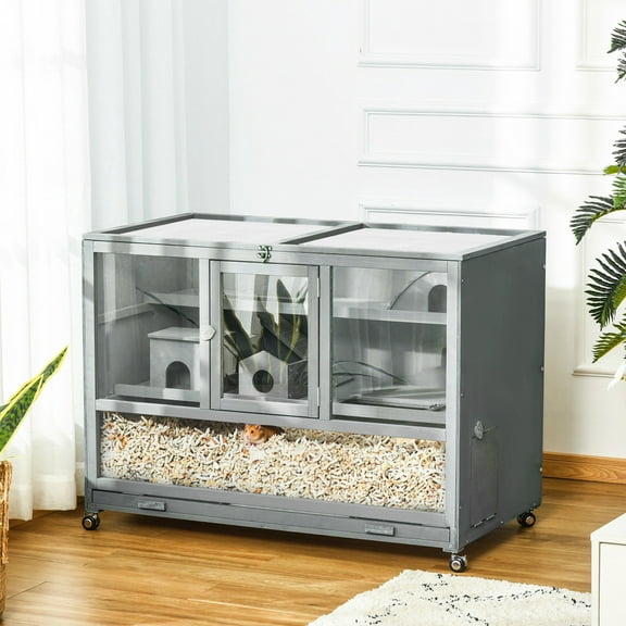 BOBOKY Large Wooden Hamster Cage with Wheels and Seesaw Small Animal Cage and Habitat for Gerbil Mice.