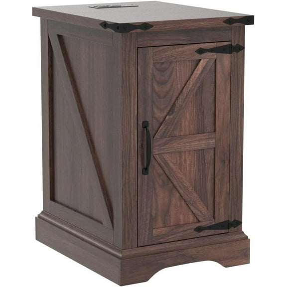 BOBOKY Nightstand with Charging Station, Rectangular Farmhouse End Table with Barn Door and Adjustable Storage Shelf, 17" Deep Wood Rustic Sofa Side Table for Living Room, Bedroom,Brown Color