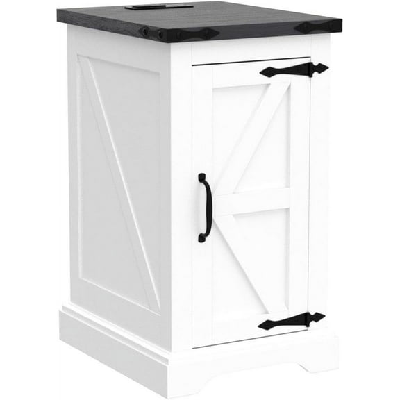 BOBOKY Nightstand with Charging Station, Rectangular Farmhouse End Table with Barn Door and Adjustable Storage Shelf, 17" Deep Wood Rustic Sofa Side Table for Living Room, Bedroom,White Color