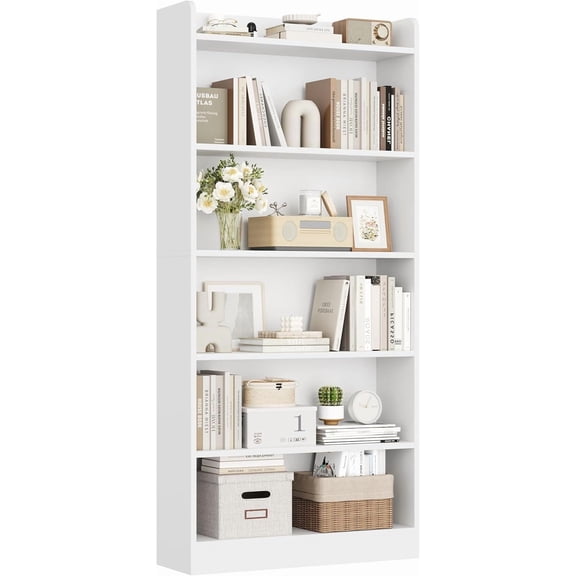 BOBOKY Open Bookcase Floor Standing Bookshelf Modern Display Storage Shelf for Home Office Living Room Bedroom Top Compartment Design.White,6-Tier
