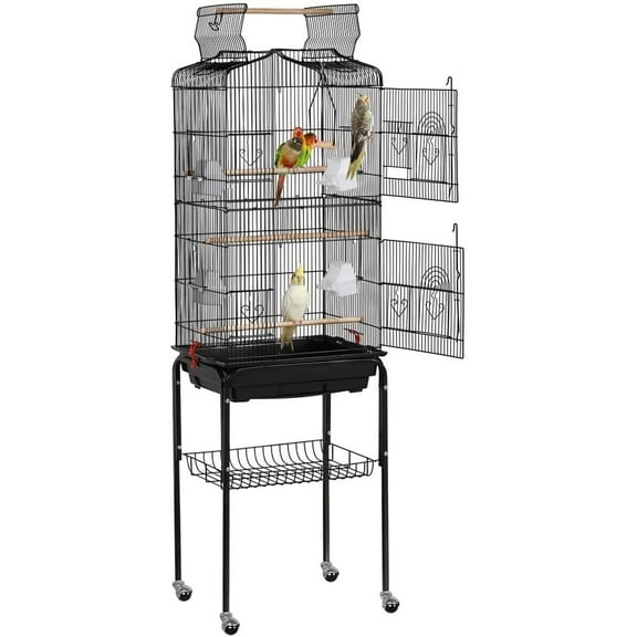 BOBOKY Open Top Medium Bird Cage with Detachable Rolling Stand Playful Design for Parrots Lovebirds Finches Canaries Budgies Cockatiels Conures.18.0"L x 14.0"W x 64.0"H,Black