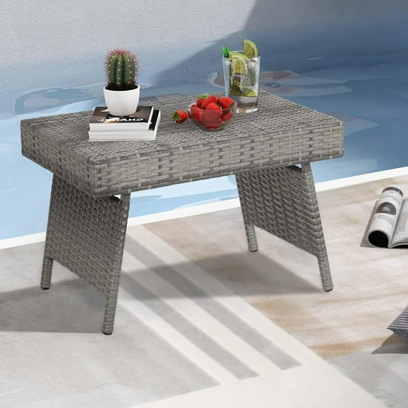 BOBOKY Outdoor Folding Wicker Table, Heavy Duty Rattan Foldable Standing Coffee Side Table, for Patio Poolside Lawn Garden Balcony, 16"D x 24"W x 16"H,Grey