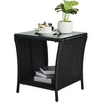 BOBOKY Outdoor Wicker Side Table Patio Side Tables for Outside, Tempered Glass Top Wicker Table with Storage End Table for Balcony Porch Deck, 17.8"D x 20"W x 17.8"H,Black