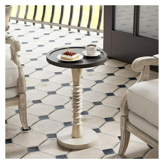 BOBOKY Pedestal Small Drinking Table, Farmhouse Tray Top End Table, Black Top, Distressed Finish, Aging White Frame