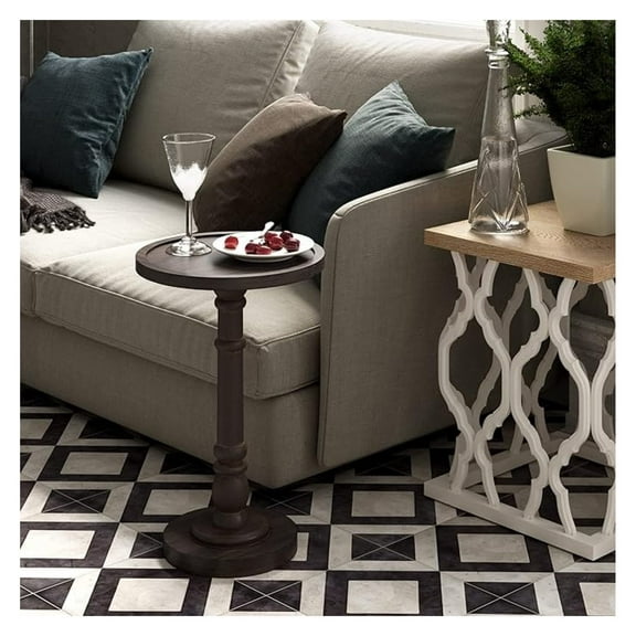 BOBOKY Pedestal Small End Table, Wooden Side Table with Traditional Tray Top for Drinking, Farmhouse Round Bedside Tables for Living Room, Espresso